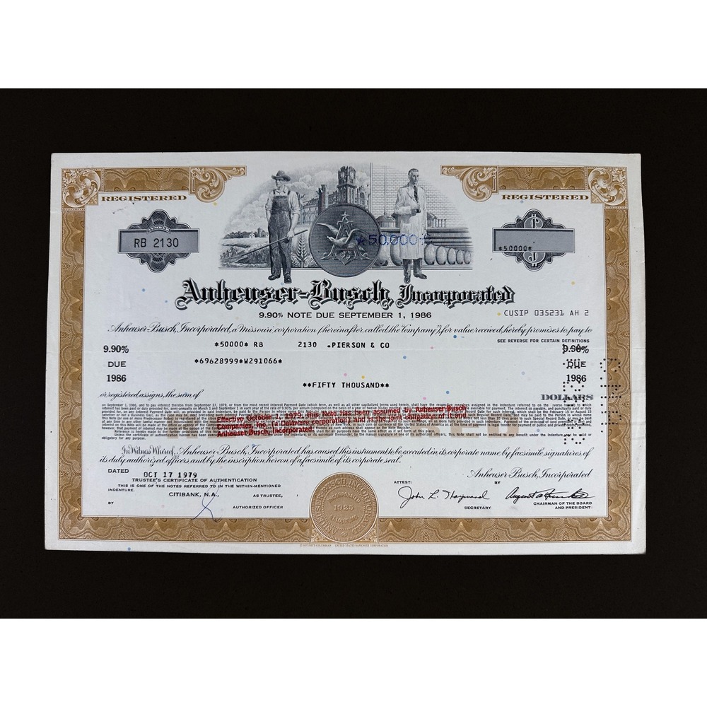 Anheuser-Busch Note 1979 $50000 Blue Excellent Engraved Vignette Brewery History